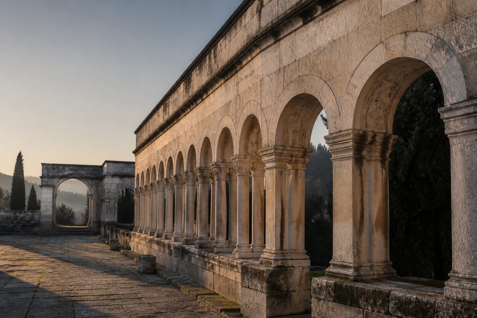 Limestone colonnade at dawn